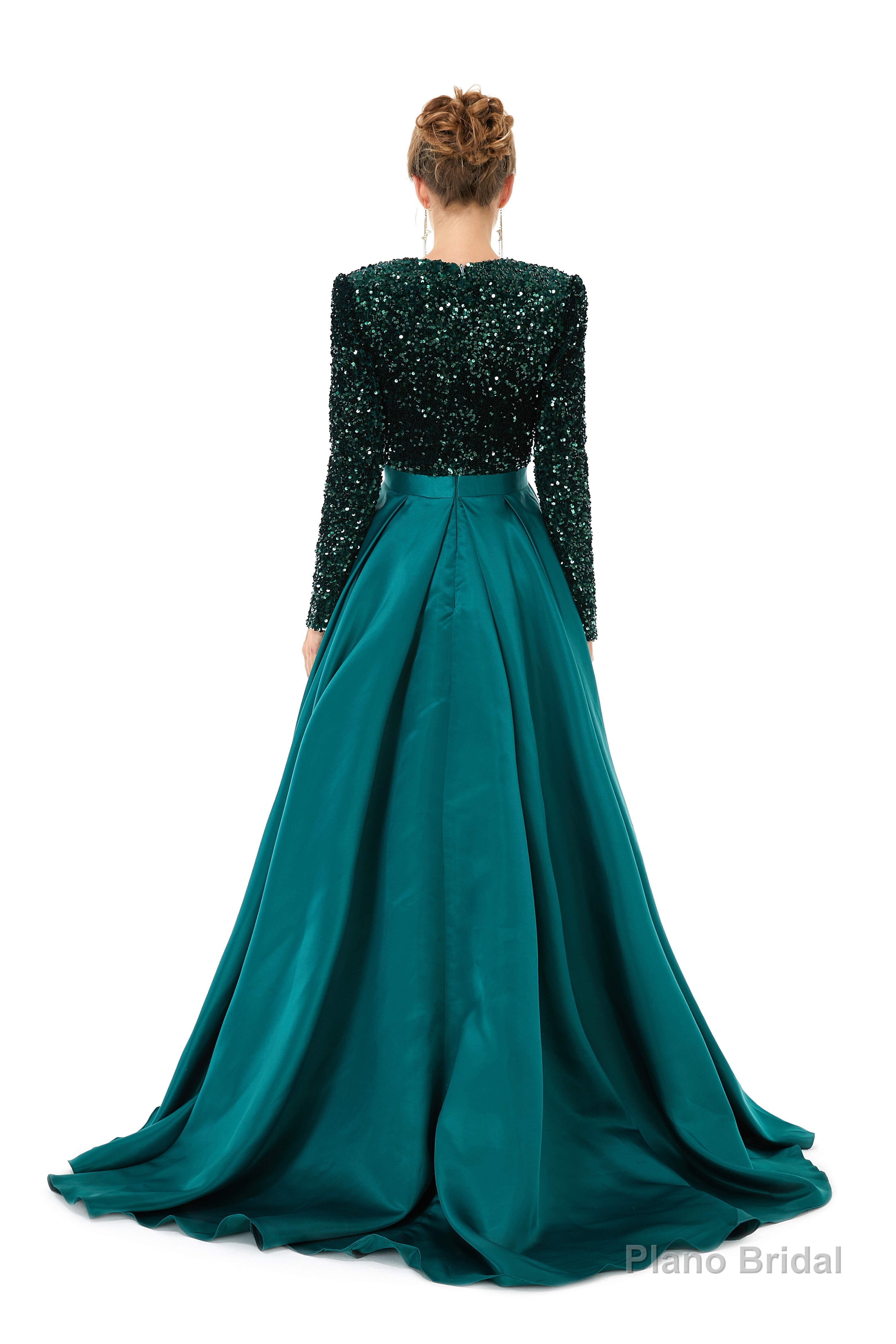 Sequined Satin A Line Front Slit V Neck Full Sleeve Sweep Train Long Prom Dresses