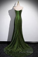Green Sequins Long Mermaid Formal Prom Dresses, Green Lace-Up Party Dresses With Slit