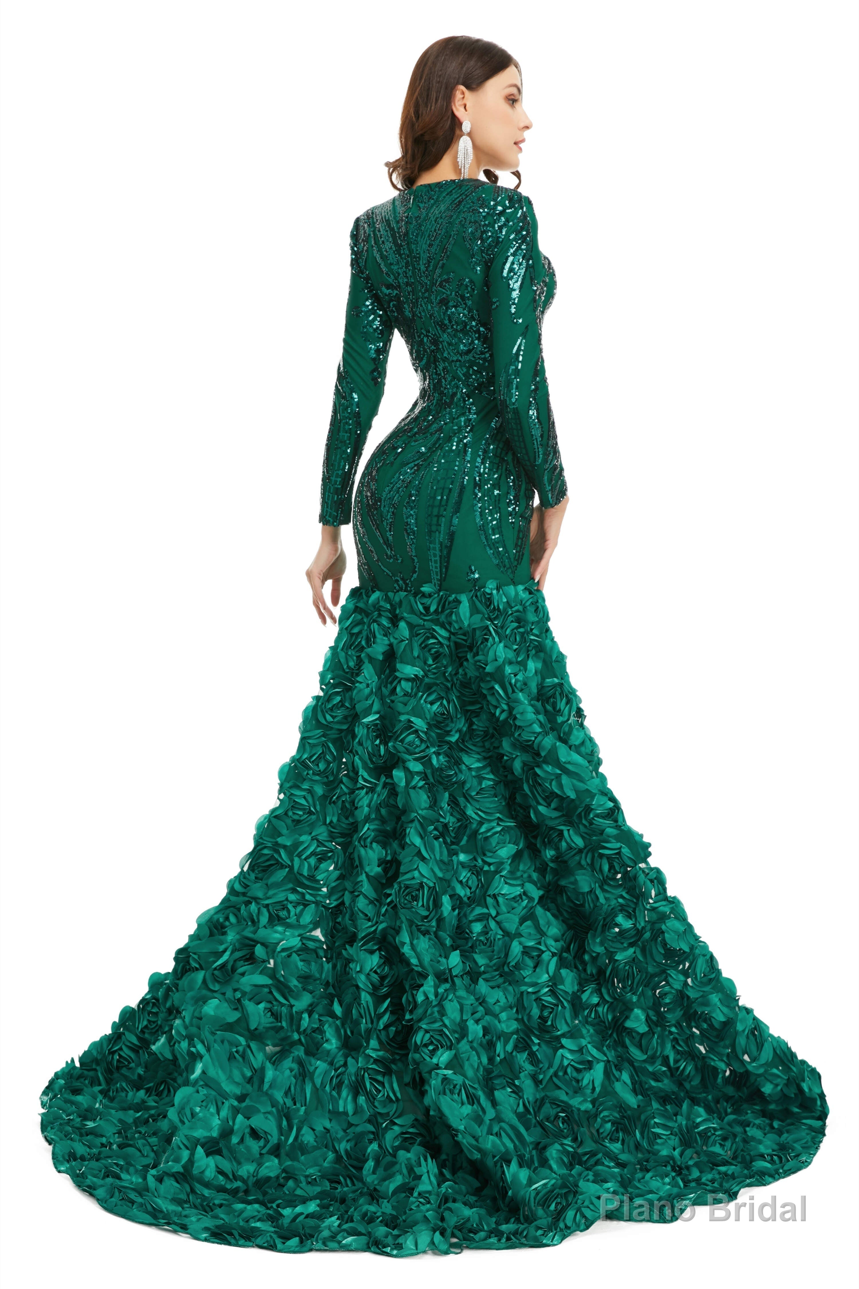 Sequins Mermaid Long V Neck Prom Dresses Full Sleeve