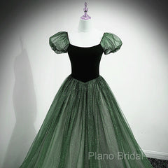 Green Shiny Tulle Short Sleevse Long Formal Dresses, Green A-Line Formal Prom Dresses Party Dresses