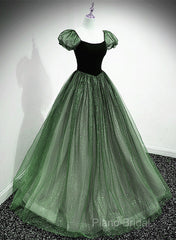 Green Shiny Tulle Short Sleevse Long Formal Dresses, Green A-Line Formal Prom Dresses Party Dresses