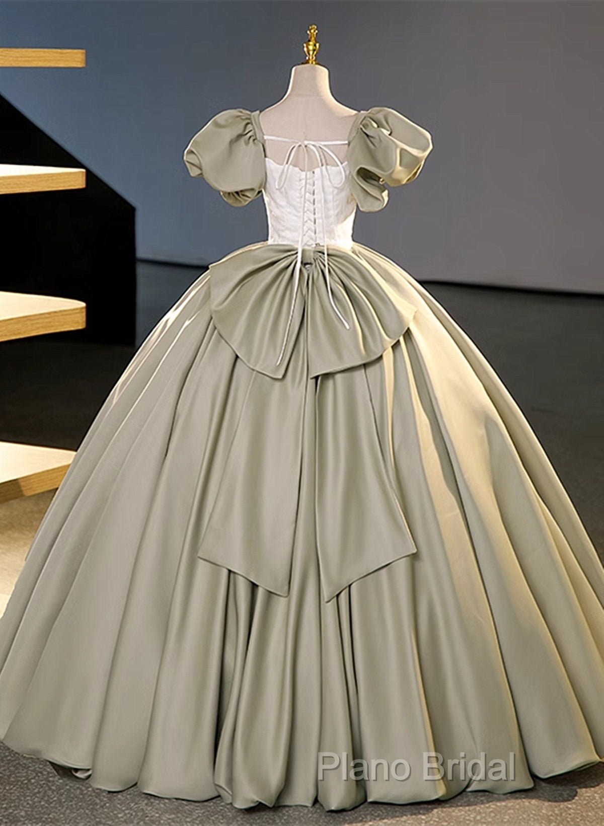 Green Short Sleeves Ball Gown Satin Long Party Dresses, Green Long Formal Dresses Secondary image