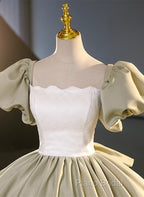 Green Short Sleeves Ball Gown Satin Long Party Dresses, Green Long Formal Dresses