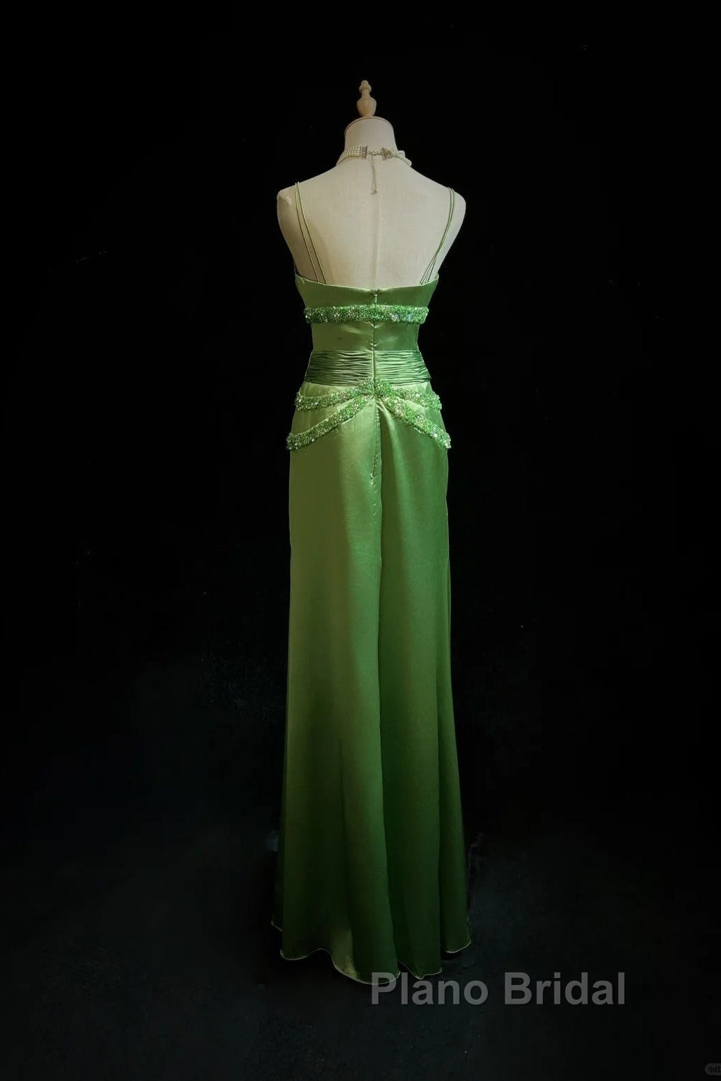 Green Spaghetti Strap Sheath Satin Beaded Formal Prom Dresses Evening Gown