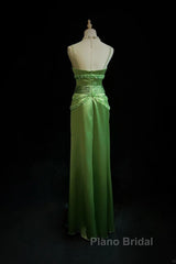 Green Spaghetti Strap Sheath Satin Beaded Formal Prom Dresses Evening Gown