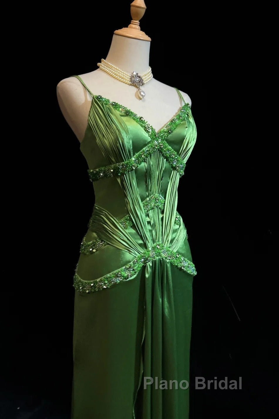 Green Spaghetti Strap Sheath Satin Beaded Formal Prom Dresses Evening Gown