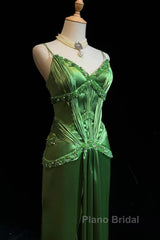 Green Spaghetti Strap Sheath Satin Beaded Formal Prom Dresses Evening Gown