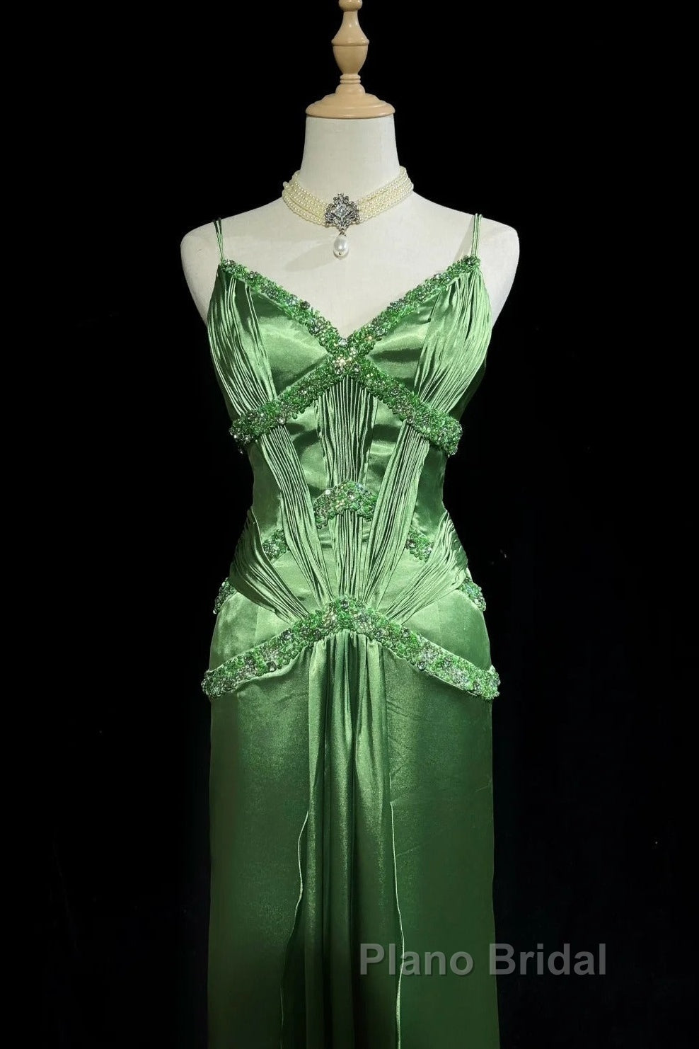 Green Spaghetti Strap Sheath Satin Beaded Formal Prom Dresses Evening Gown