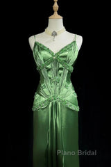 Green Spaghetti Strap Sheath Satin Beaded Formal Prom Dresses Evening Gown