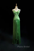 Green Spaghetti Strap Sheath Satin Beaded Formal Prom Dresses Evening Gown