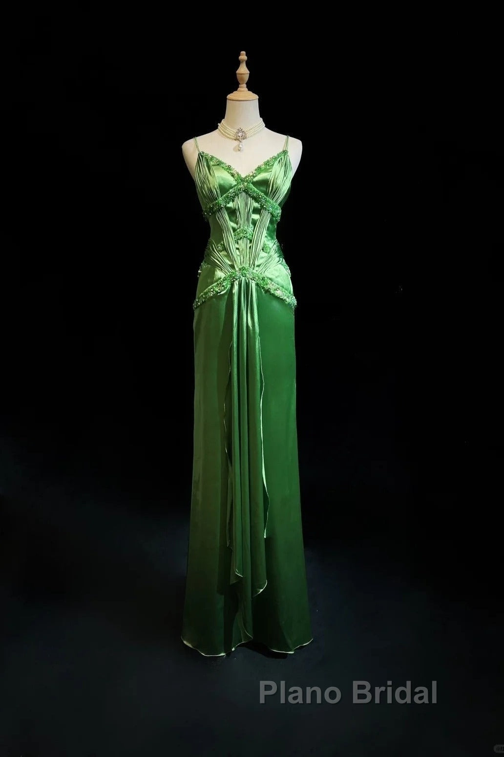 Green Spaghetti Strap Sheath Satin Beaded Formal Prom Dresses Evening Gown