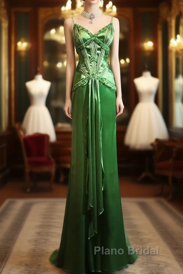 Green Spaghetti Strap Sheath Satin Beaded Formal Prom Dresses Evening Gown Main image