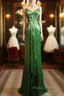 Green Spaghetti Strap Sheath Satin Beaded Formal Prom Dresses Evening Gown