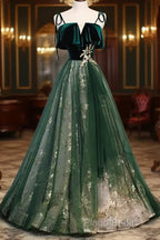 Green Straps Velvet Long Lace Formal Prom Dresses