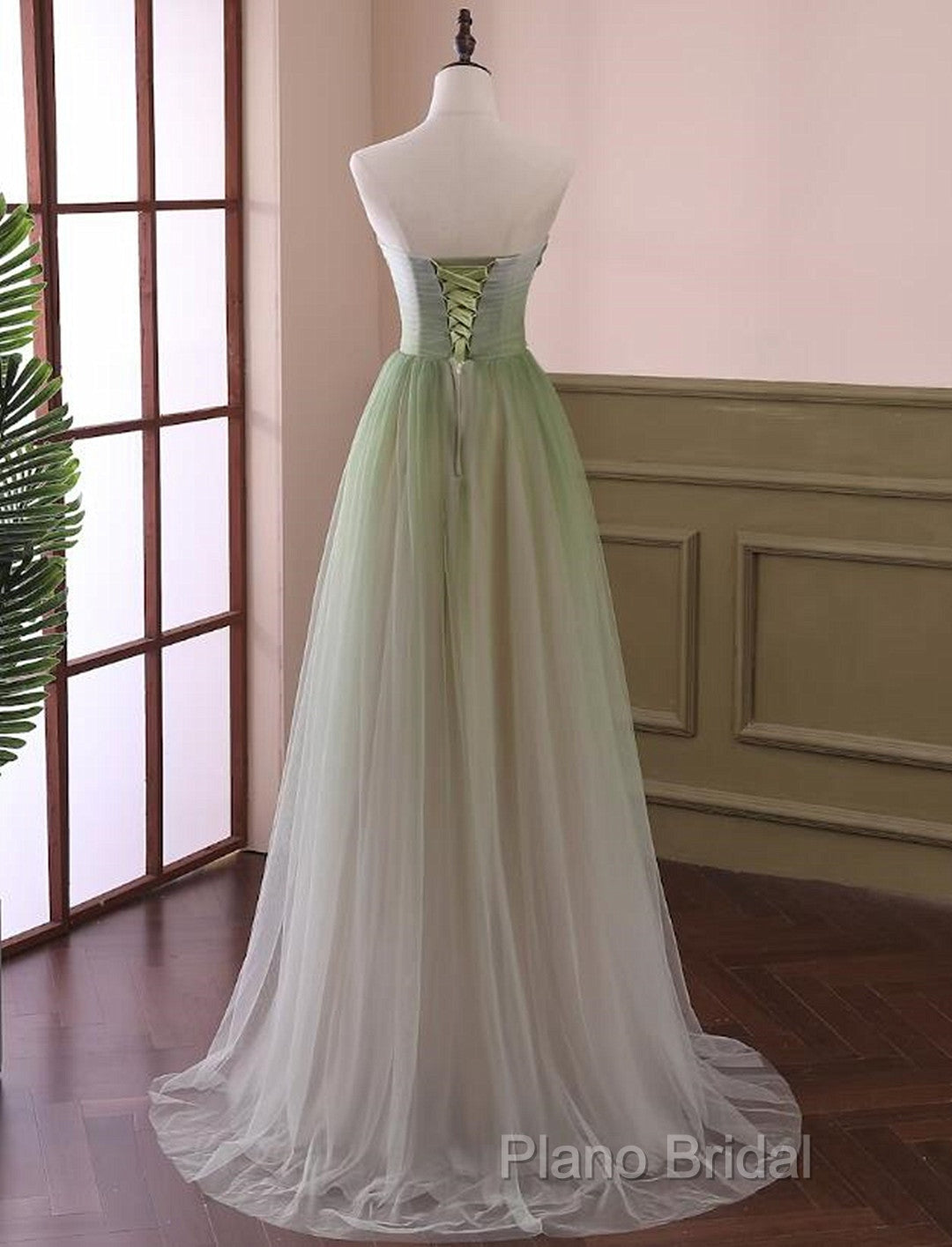 Green Sweetheart Gradient Beaded Tulle Floor Length Party Dresses, Green Junior Formal Prom Dresses Secondary image