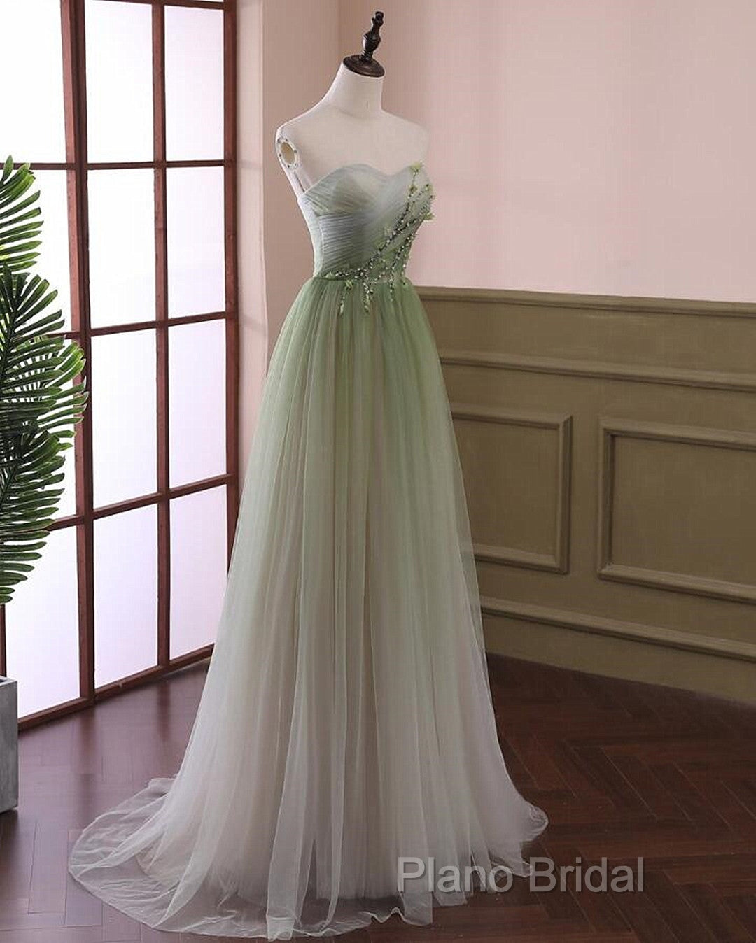 Green Sweetheart Gradient Beaded Tulle Floor Length Party Dresses, Green Junior Formal Prom Dresses