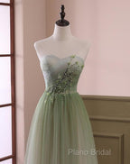 Green Sweetheart Gradient Beaded Tulle Floor Length Party Dresses, Green Junior Formal Prom Dresses