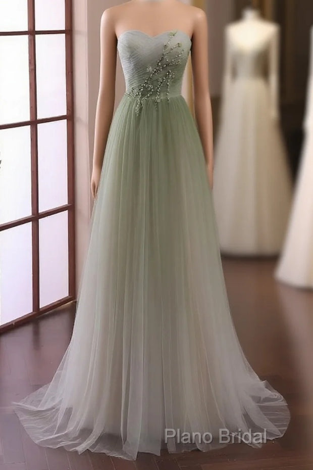 Green Sweetheart Gradient Beaded Tulle Floor Length Party Dresses, Green Junior Formal Prom Dresses Main image