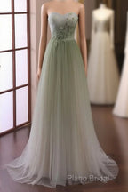 Green Sweetheart Gradient Beaded Tulle Floor Length Party Dresses, Green Junior Formal Prom Dresses