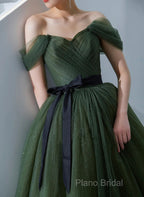 Green Tulle A-Line Off Shoulder Formal Prom Dresses, Green Tull Long Formal Dresses Formal Dresses