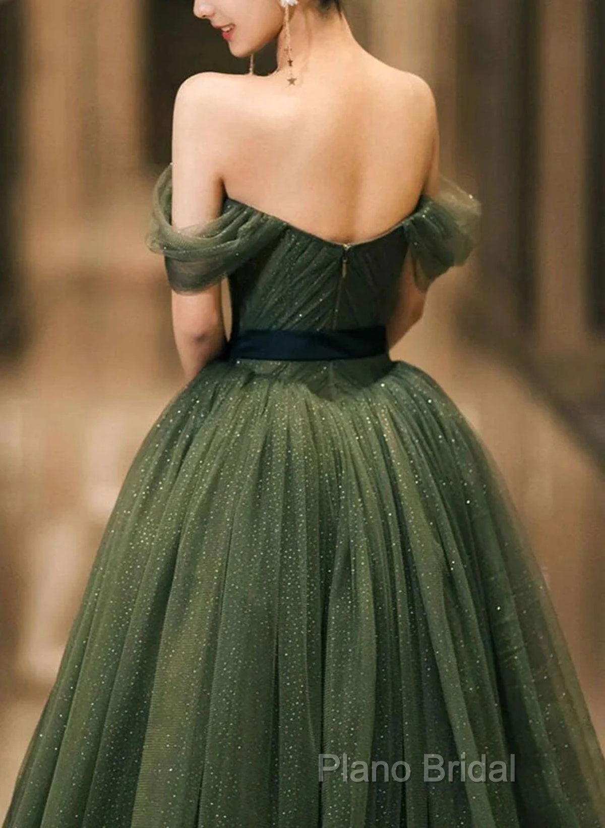 Green Tulle A-Line Off Shoulder Formal Prom Dresses, Green Tull Long Formal Dresses Formal Dresses