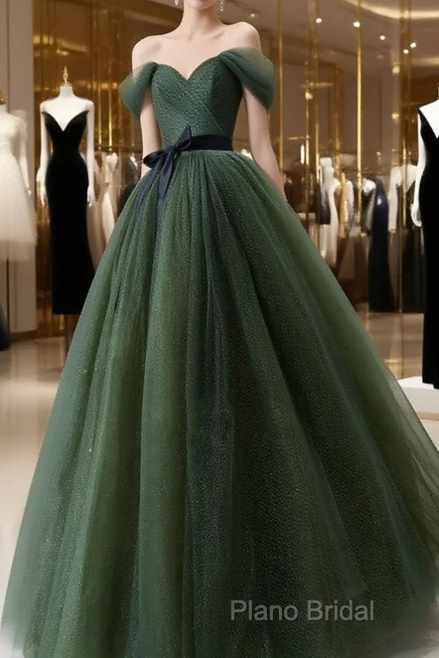 Green Tulle A-Line Off Shoulder Formal Prom Dresses, Green Tull Long Formal Dresses Formal Dresses