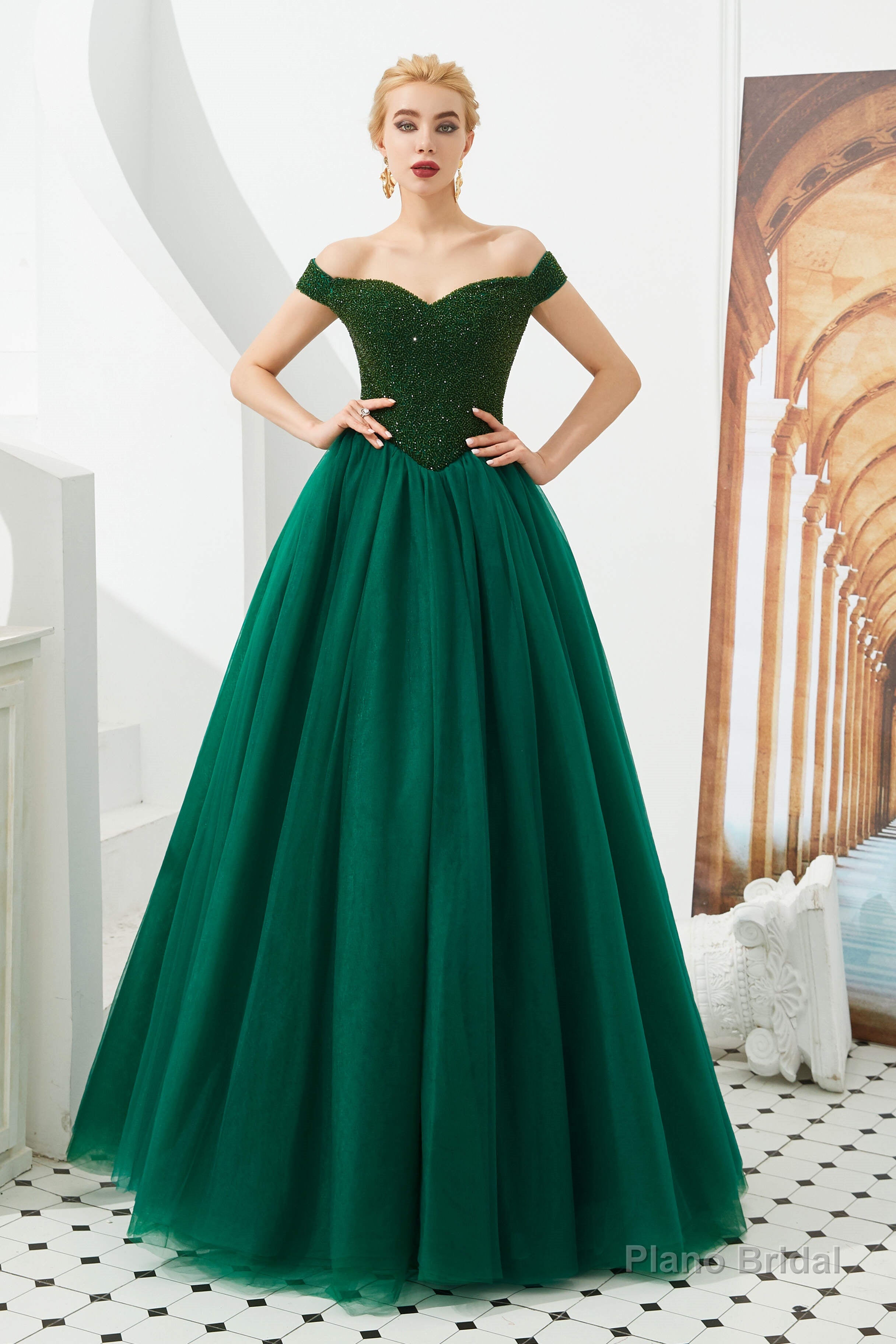 Tulle A line Off Shoulder Sweetheart Beaded Bodice Long Prom Dresses Main image