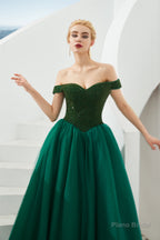 Tulle A line Off Shoulder Sweetheart Beaded Bodice Long Prom Dresses