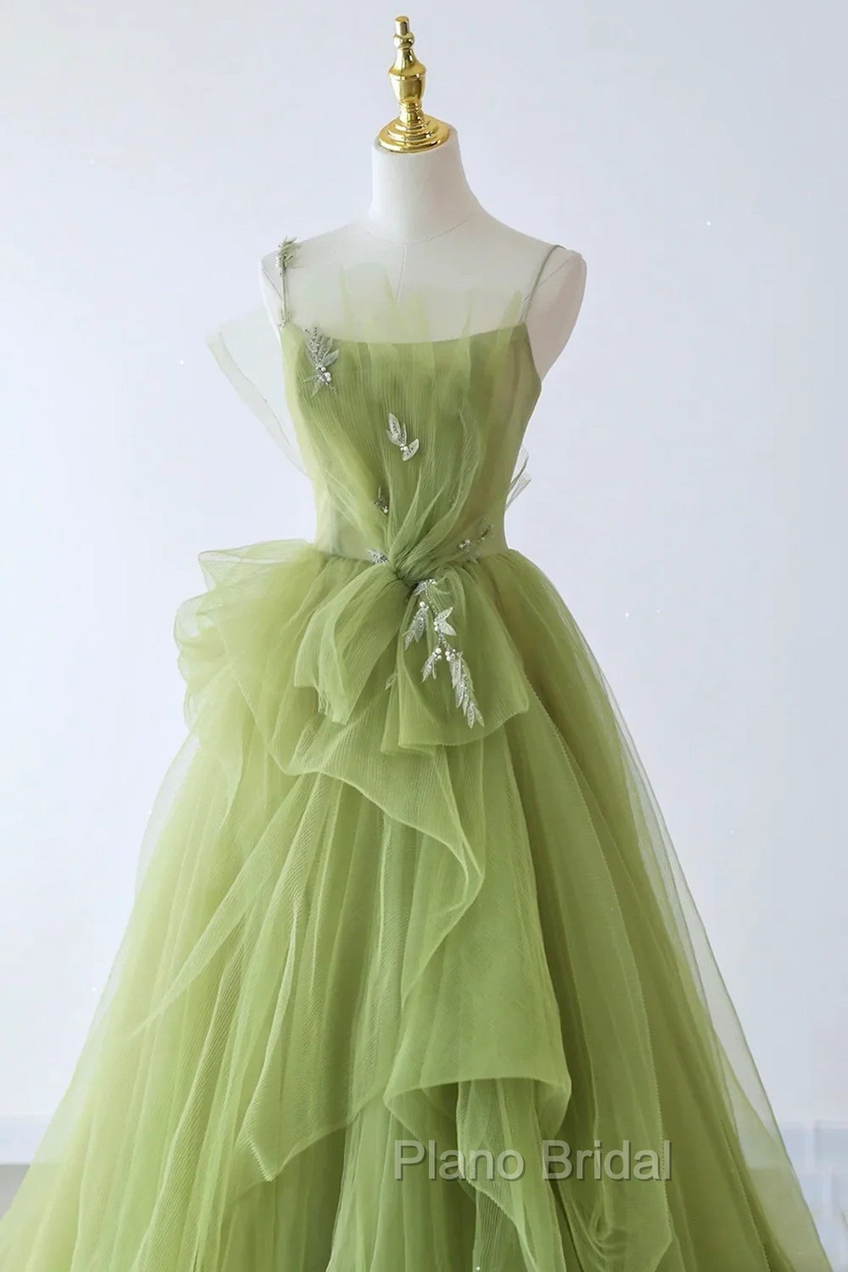 Green Tulle Beaded Long Party Dresses, Green Tulle Evening Dresses Formal Gown