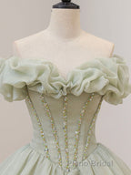 Green Tulle Beading Long Formal Prom Dresses, Green Formal Graduation Dresses