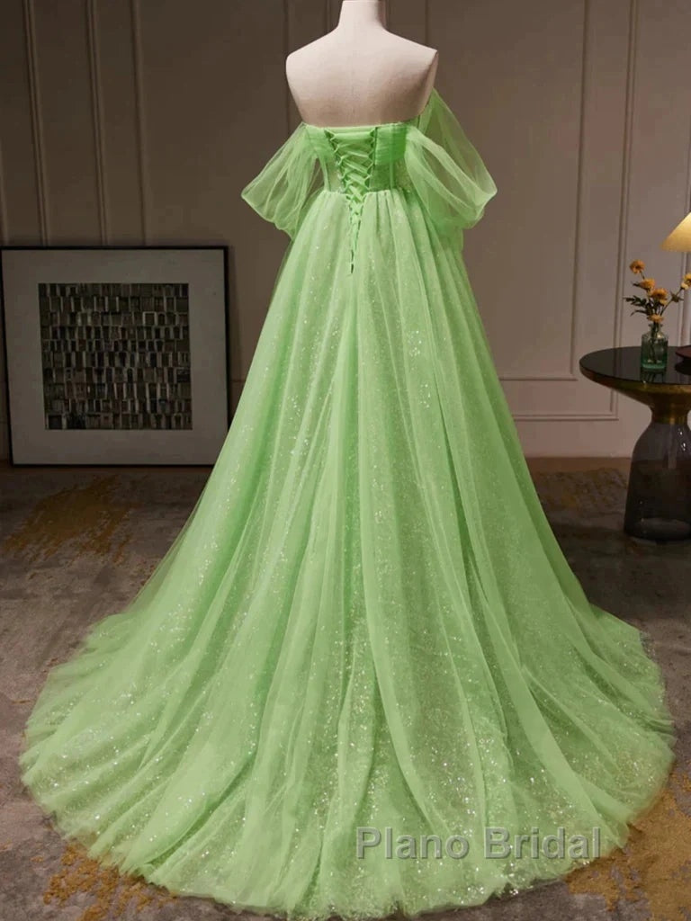 Green Tulle Beading Off Shoulder Sparkle Formal Prom Dresses Secondary image