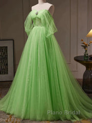 Green Tulle Beading Off Shoulder Sparkle Formal Prom Dresses