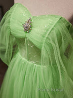 Green Tulle Beading Off Shoulder Sparkle Formal Prom Dresses