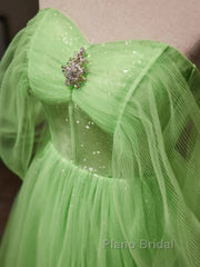 Green Tulle Beading Off Shoulder Sparkle Formal Prom Dresses