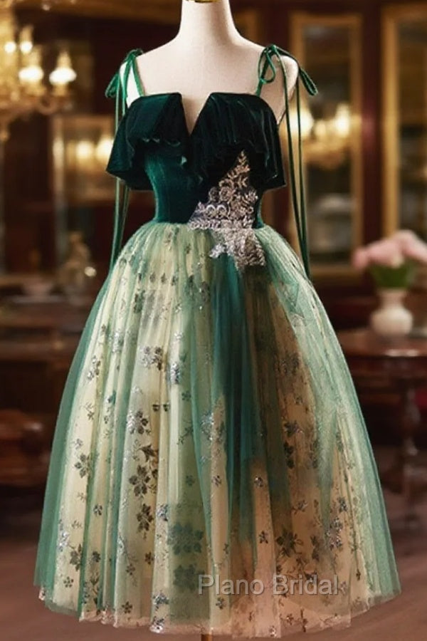 Green Tulle Knee Length Straps Homecoming Dresses, Green Homecoming Dresses Main image