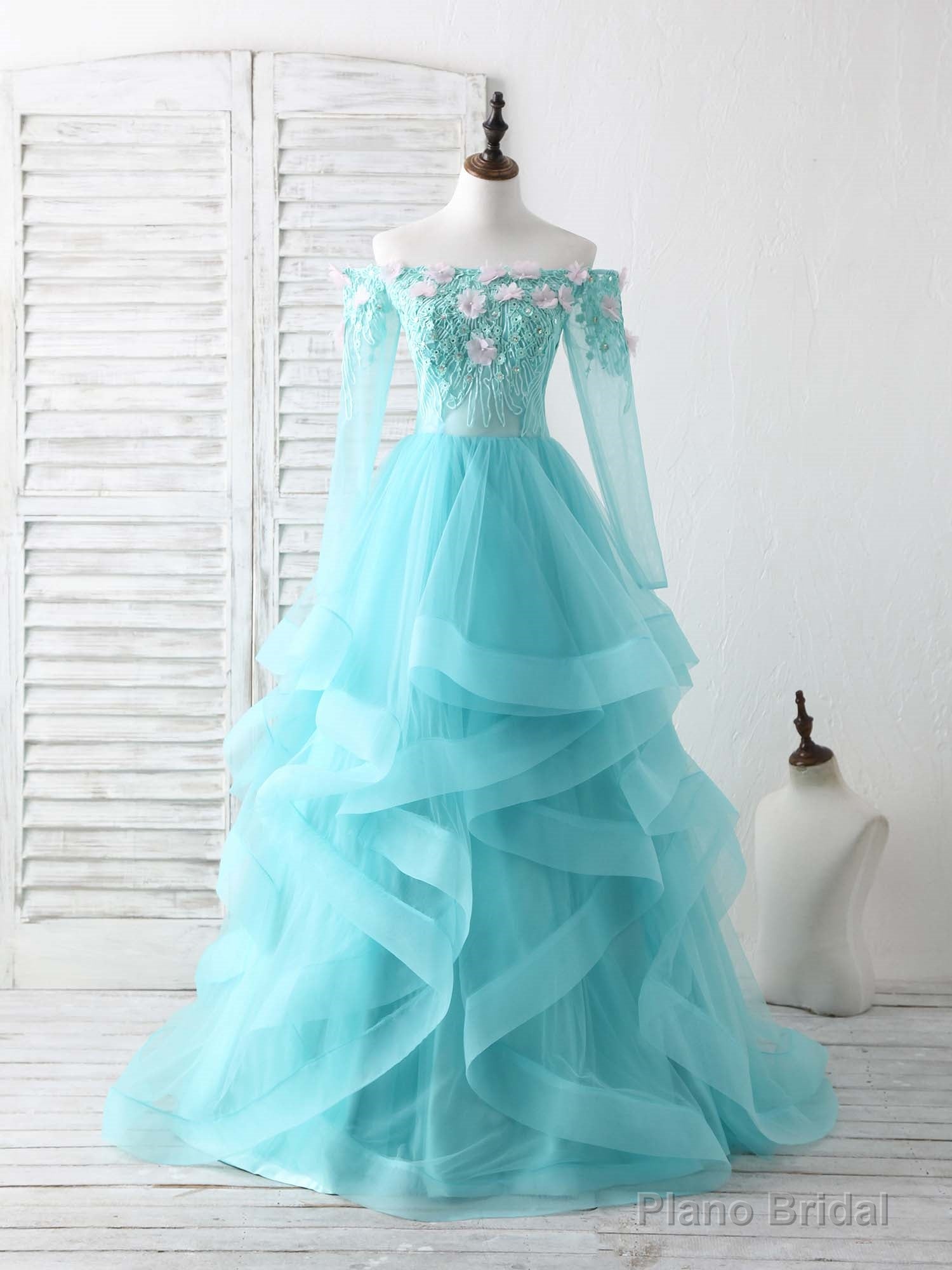 Green Tulle Lace Applique Long Prom Dress Green Graduation Dresses Secondary image