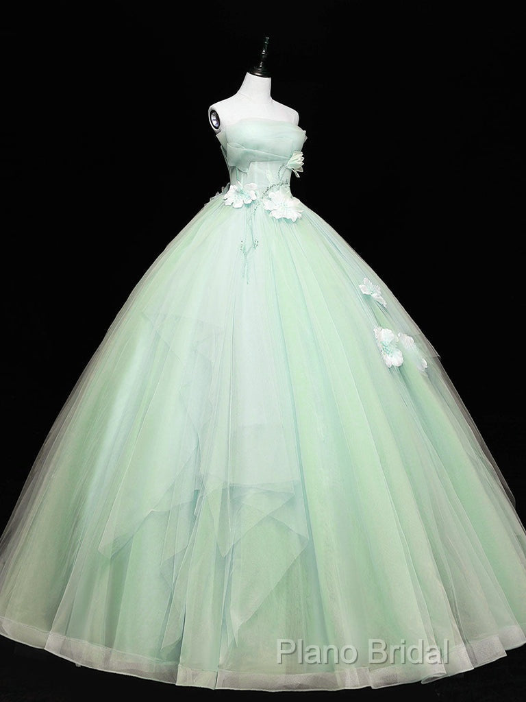 Green Tulle Lace Applique Long Formal Prom Dresses, Green Sweet 16 Dresses Secondary image
