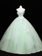 Green Tulle Lace Applique Long Formal Prom Dresses, Green Sweet 16 Dresses