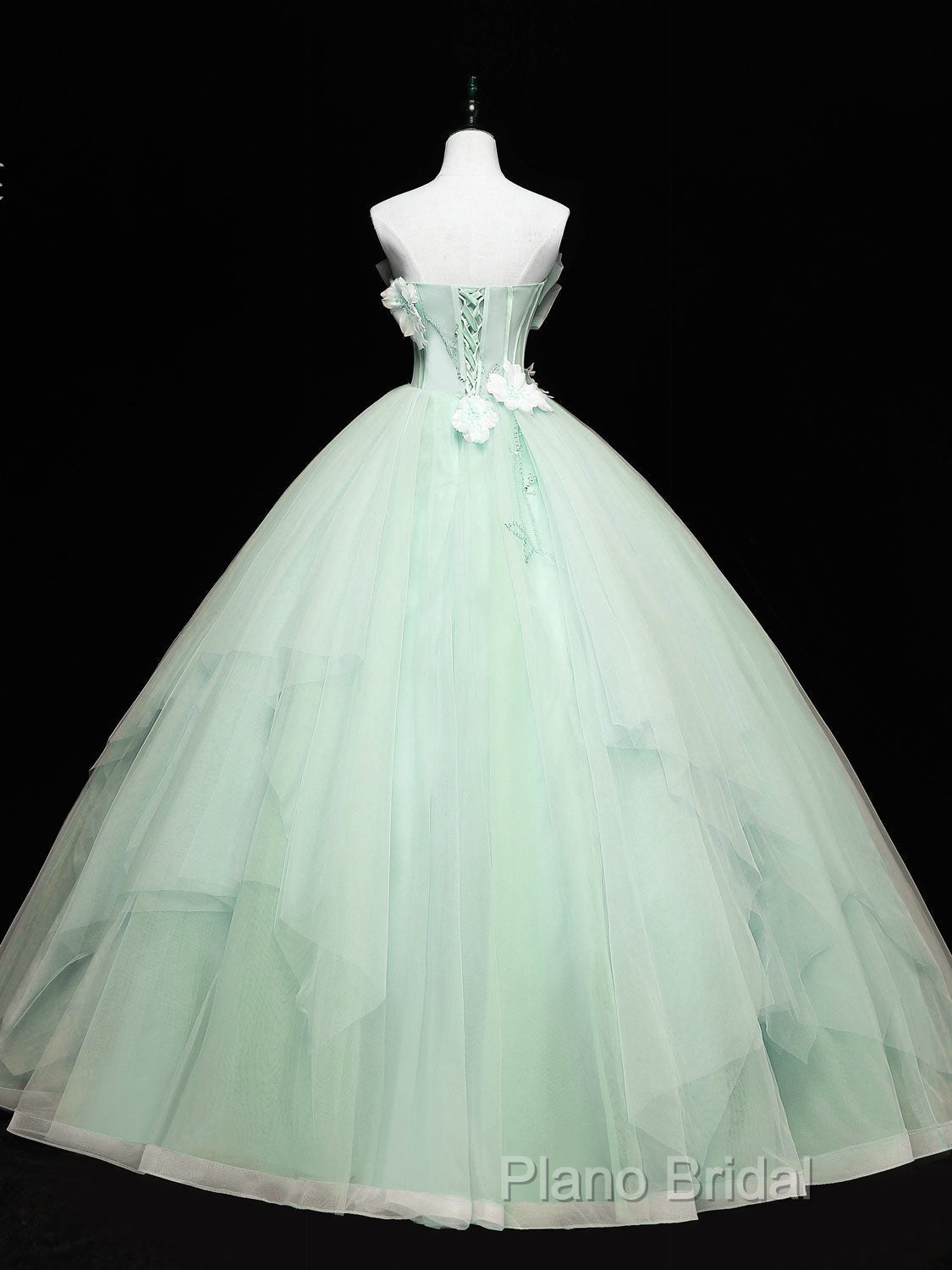 Green Tulle Lace Applique Long Formal Prom Dresses, Green Sweet 16 Dresses