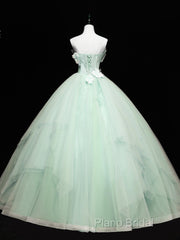 Green Tulle Lace Applique Long Formal Prom Dresses, Green Sweet 16 Dresses
