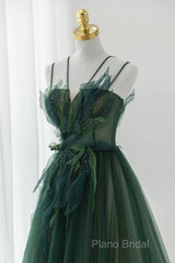 Green Tulle Long A-Line Formal Prom Dresses, Beautiful Spaghetti Straps Formal Dresses