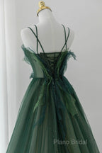 Green Tulle Long A-Line Formal Prom Dresses, Beautiful Spaghetti Straps Formal Dresses