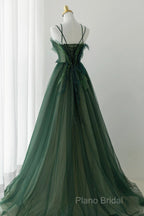 Green Tulle Long A-Line Formal Prom Dresses, Beautiful Spaghetti Straps Formal Dresses