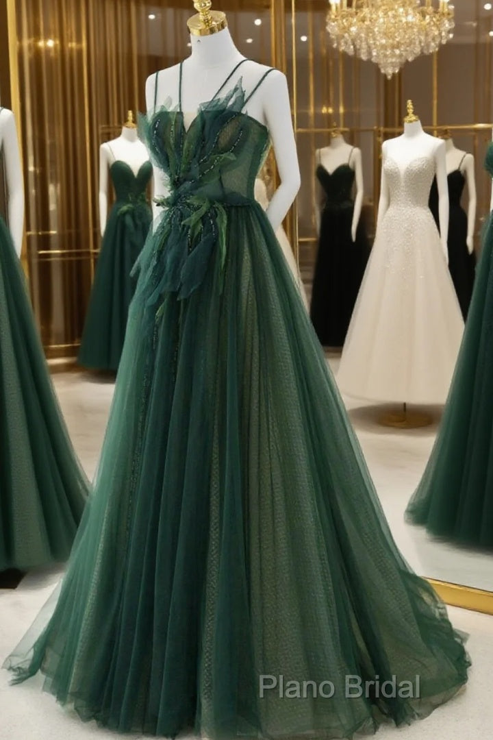 Green Tulle Long A-Line Formal Prom Dresses, Beautiful Spaghetti Straps Formal Dresses Main image
