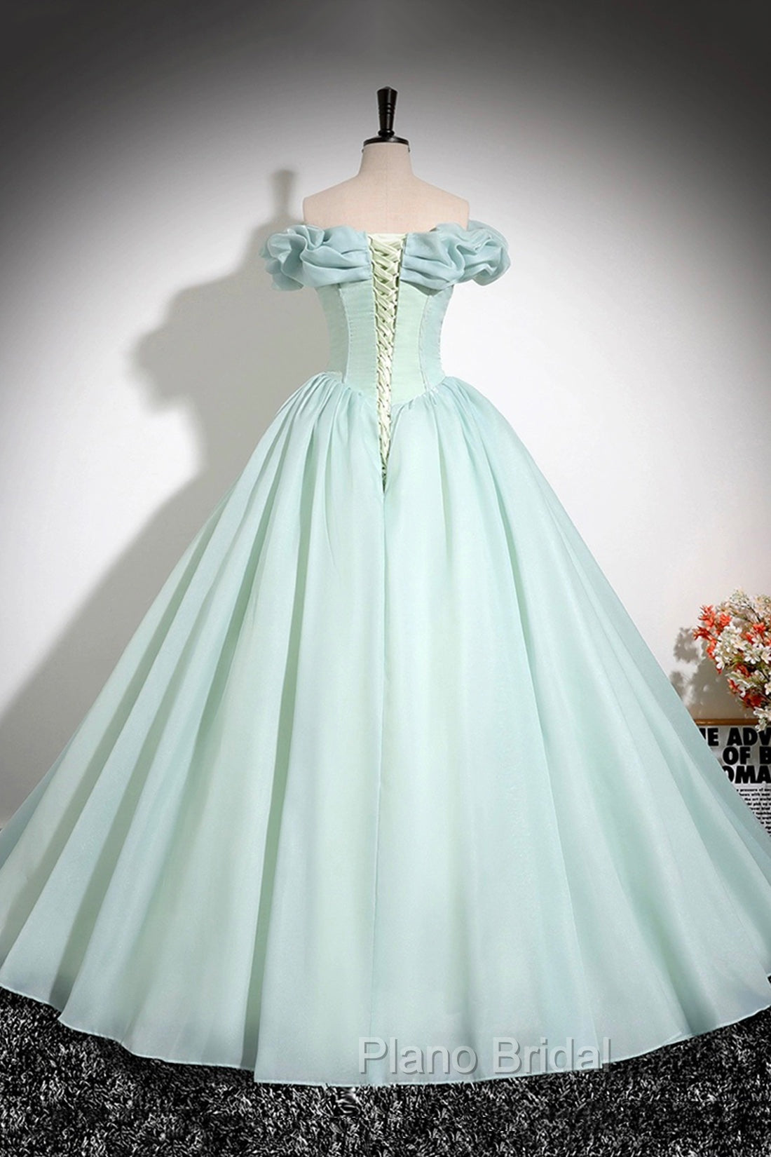 Green Tulle Long A-Line Formal Prom Dresses, Lovely Off The Shoulder Evening Party Dresses