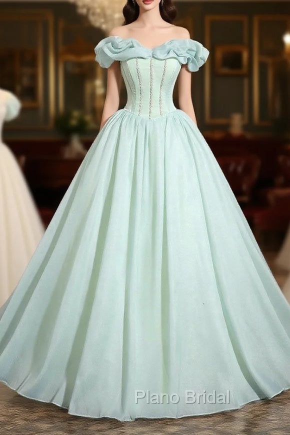 Green Tulle Long A-Line Formal Prom Dresses, Lovely Off The Shoulder Evening Party Dresses