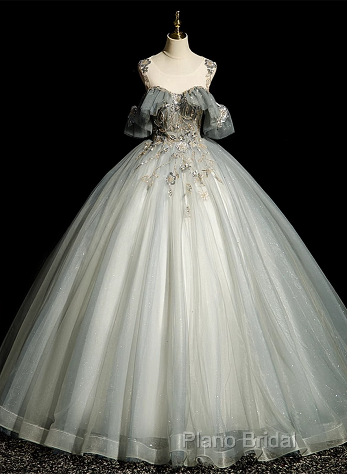 Green Tulle Off Shoulder Ball Gown Beaded Sweet 16 Dresses, Green Tulle Formal Dresses Secondary image