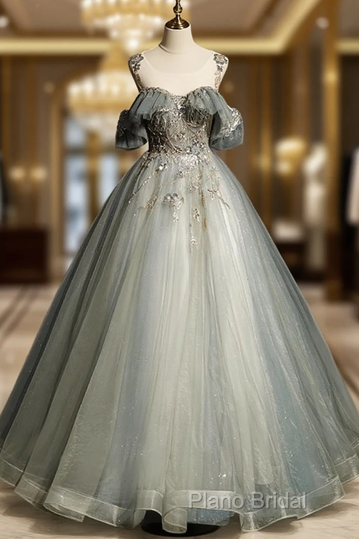 Green Tulle Off Shoulder Ball Gown Beaded Sweet 16 Dresses, Green Tulle Formal Dresses Main image