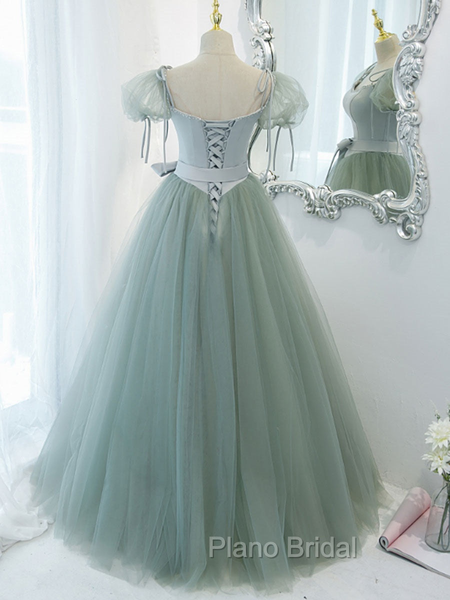 Green Tulle Off Shoulder Long Formal Prom Dresses, Green Tulle Formal Dresses
