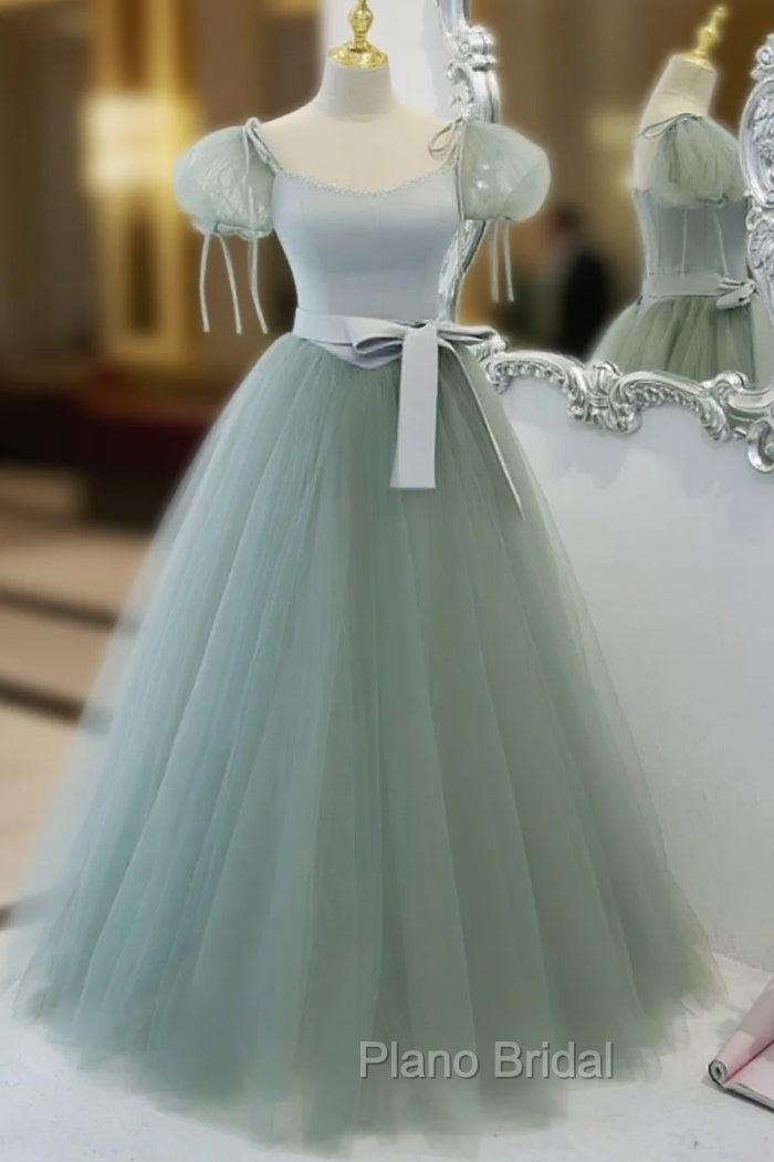 Green Tulle Off Shoulder Long Formal Prom Dresses, Green Tulle Formal Dresses Main image